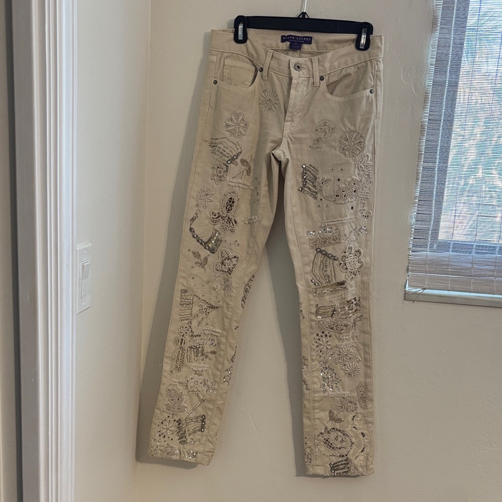 Ralph Lauren Purple Label Beige Embellished Straight Leg Jeans